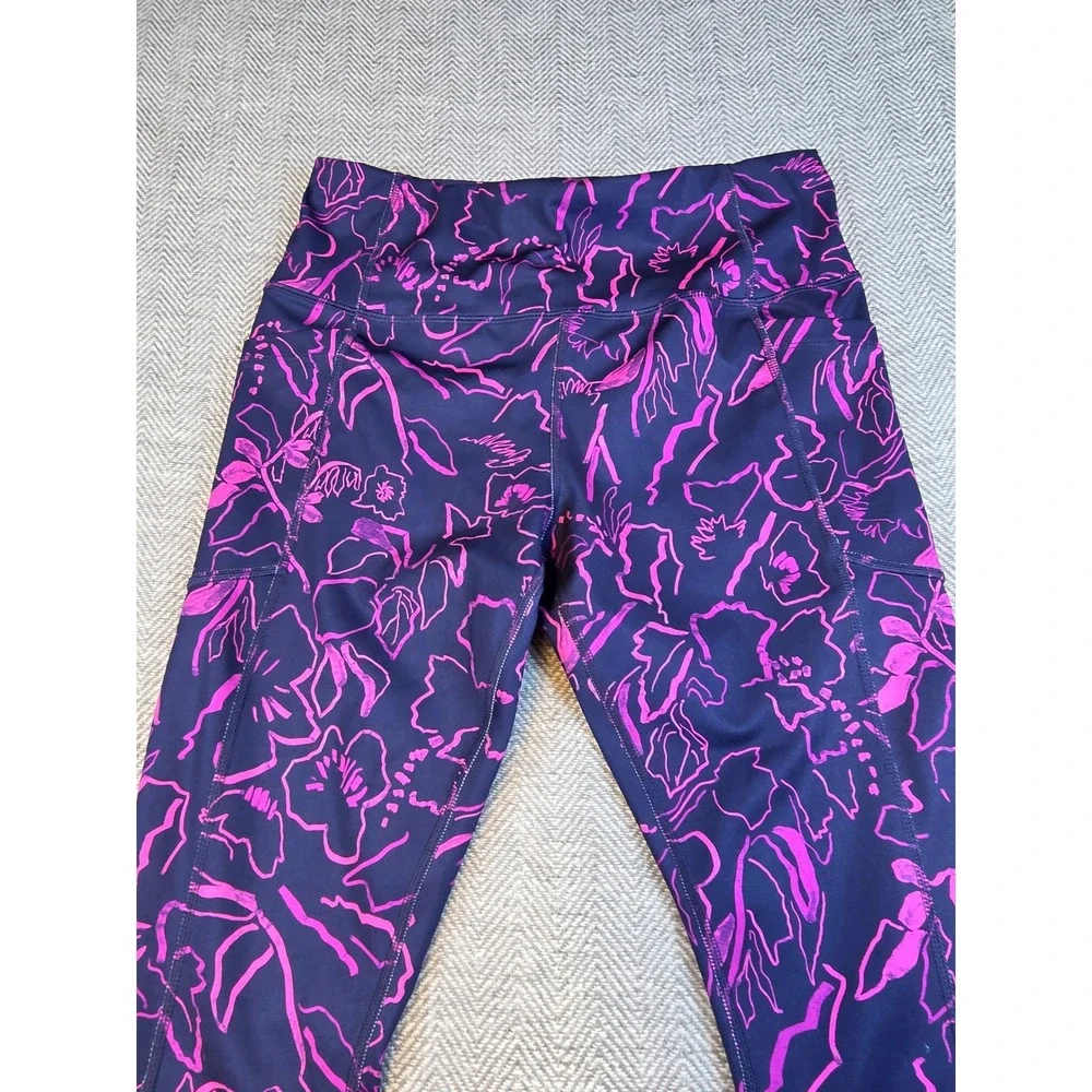 Avia Womens Navy Pink Floral High Waisted Capri Leggings Pockets Size M 8-10